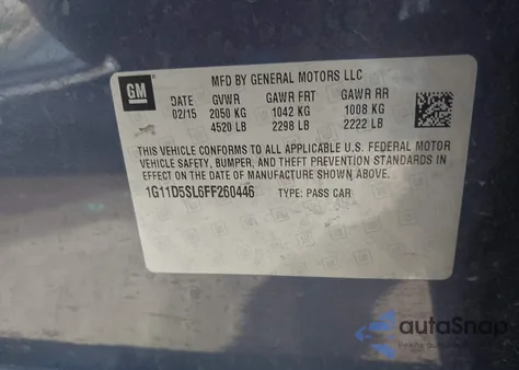 2015 Chevrolet Malibu 2Lt из США, поврежденный, VIN 1G11D5SL6FF260446